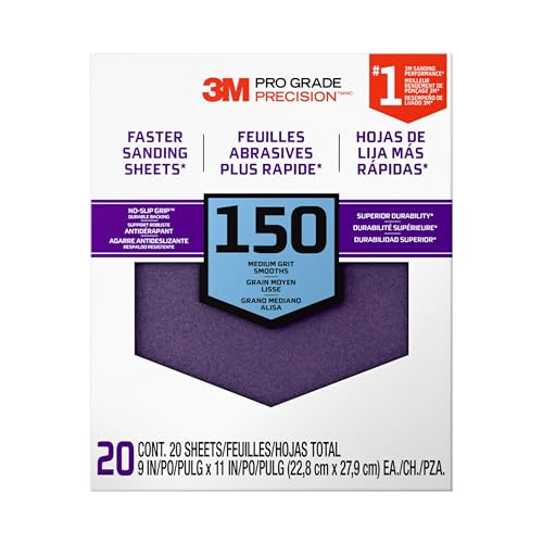 3M Advanced Sandpaper, 20-Pack, 150 Grit, 3M Pro Grade Precision, Features No-Slip Grip Backing, 9-in x 11-in, For Sanding Wood, Drywall, or Metal, Can be Used on Wet or Dry Surfaces (‎26150CP-P-G)