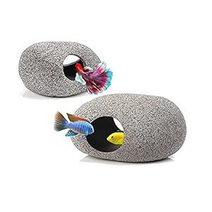 Ceramic Fish Tank Decorations, Betta Fish Tank Accessories Rock Caves, Stackable Aquarium Cichlid Cave, Betta Fish Hideout and House, Small Hiding Rock for Fish Bowl (2 PCS Oval Style A)
