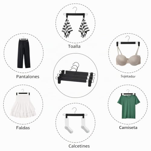 Miniatura 6 de Lamitocs 10 Perchas Para Pantalones, Perchas Faldas, 2 Duradera Con Pinzas, Para Pantalones Cortos, Pantalones, Camisas,Falda,Bufanda Negro