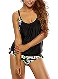 EVALESS Women Shoulder Straps Outfit Boyleg Sports Tankini Sets Two Piece Swimsuit X-Large Size Black&Flower