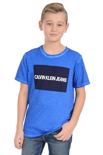 Calvin Klein Boys' Short Sleeve Graphic Crew Neck T-Shirt, Comfortable, Relaxed Fit, Washed Prince Blue, 10-122