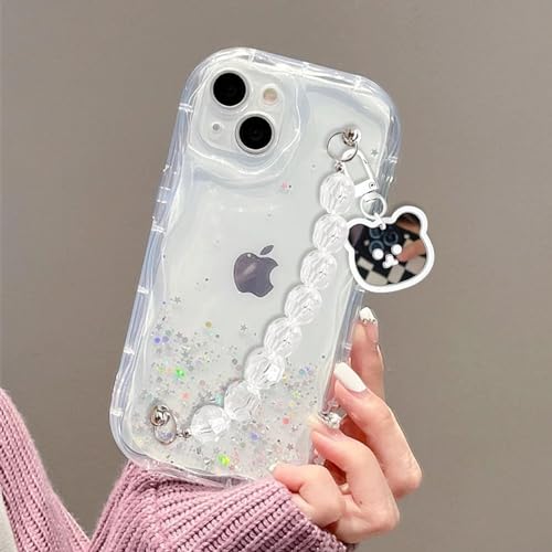 Image of KC Back Cover for iQOO Z6 Lite 5G & Vivo Y77 5G - 3D Curly Wave Dry Fixed Non Moving Glitter Bear Pendant Bracelet Shockproof Soft Silicone Camera Protection case (Transparent)