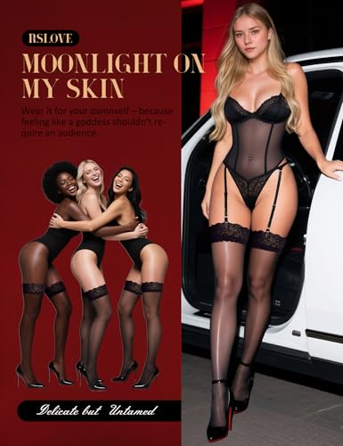 RSLOVE Women's Lace Top Thigh High Sheer Stockings Antiskid Silicone Ultra Shimmery Pantyhose3