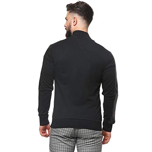 Image of CAHOOT Men's Cotton Jet Black With Patchwork Zip Through Jacket | Structured High- Quality Jacket with Low-Cut Standing Collar, Regular Full Sleeves And Stretchable Fabric For Casual Wear