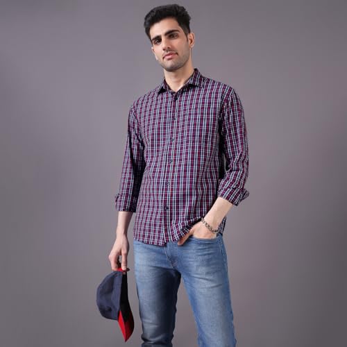 Image of Urban Scottish Men's Regular Fit Cotton Checked Shirt, Long Sleeve Button Down Collared Soft Breathable Fabric, Classic Everyday Wear Casual Shirt for Mens - Navy