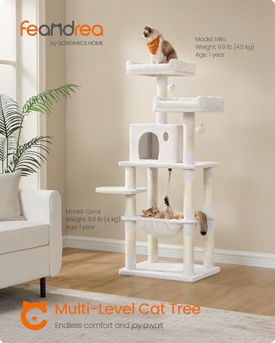 Image of Feandrea Cat Tree, 56.3-Inch Cat Tower for Indoor Cats, Multi-Level Cat Condo with 11 Scratching Posts, 2 Perches, Cave, Hammock, Cream White UPCT015W02