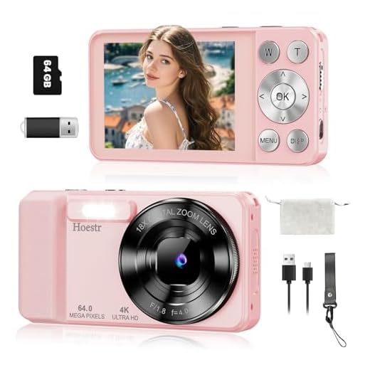 64MP 4K Digital Camera, Hoestr 18X Zoom Autofocus Point and Shoot Compact Camera with 64GB TF Card, Flash, 2.8" LCD Screen for Teens Adult Beginner Travel Photography Vlogging (Pink)