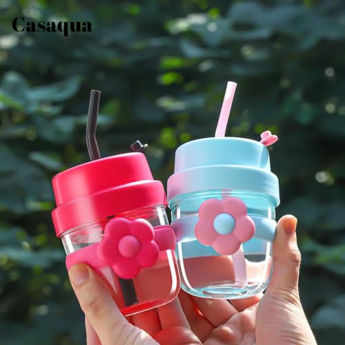 Image of Glass Tumbler with Straw & Lid -300ml, Set of 1, Reusable Glass Sipper Cup with Silicone Flower Sleeve, BPA-Free Drinking Cup for Iced Coffee, Juice, Smoothies, Milk, Water (Random Color)