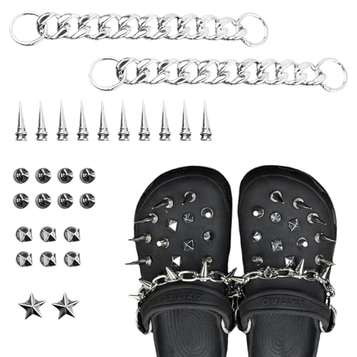 CECOMBINE 28 PCS Goth Charms for Shoe Decoration, Silver Stud Shoe Chain, Removable Shoe Chain & Accessories, Punk Metal Eyelet Upper Charms for Cool Girls & Boys Festival, Party Favors