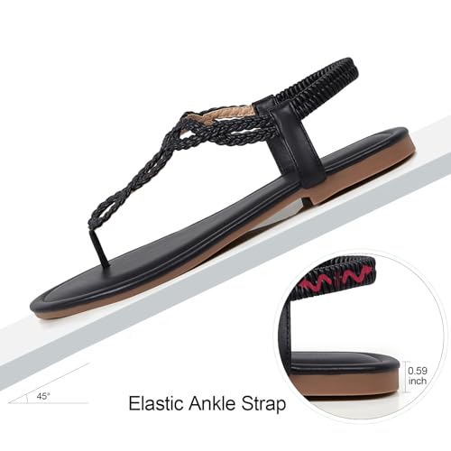 Image of iCKER Womens Braided T‑Strap Flat Sandals Elastic Stretch Ankle Strap | Boho cute casual lightweight and comfort matches dresses for beach vacation