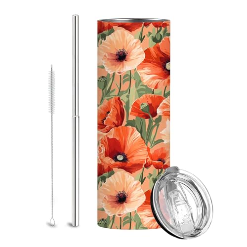 Firmiso Poppy Flower Tumbler 20oz, Floral Skinny Cup with Lid and Straw, Orange Red Flower Travel Mug for Coffee Water, Reusable Drinkware Gift for Women, Flower Lovers