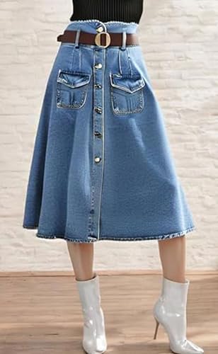 loveimgs Women Western Midi Denim Skirt High Waisted Mid Long Jean Skirt Y2k Button Up Flowy A Line Skirt Pocket Belt4
