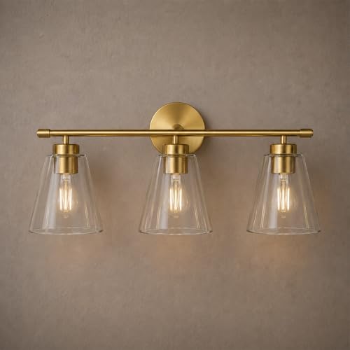 Image of Hamilyeah Gold Bathroom Vanity Light Fixtures Over Mirror, 3 Light Vanity Lights Clear Glass, Industrial Vanity Lighting Fixtures for Bath, Restroom