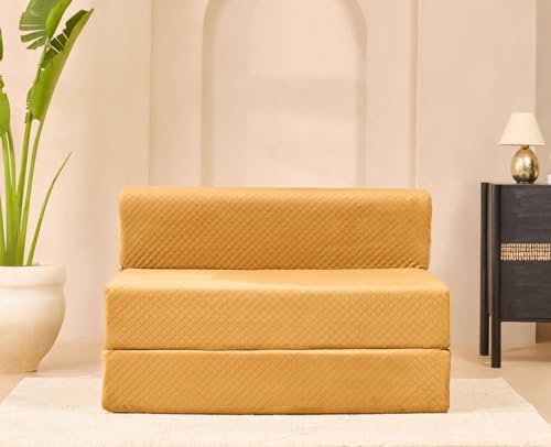 Image of uberlyfe Xtra High, Xtra Soft 2 Seater (4' x 6') Sofa Cum Bed | 1 Year Warranty | 17 inch Sofa Height | Twin Size Foldable Bed | Plush Laser Quilted Fabric | Molten Caramel Color