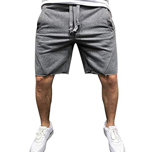 Men's Raw Edge Hem Gym Shorts/Running Training Sport Shorts with Zip Pockets Solid Color Chino Shorts Fitness Pants Hip Hop Baggy Pants Straight Shorts Training Elasticated Waist with Drawstring Grey