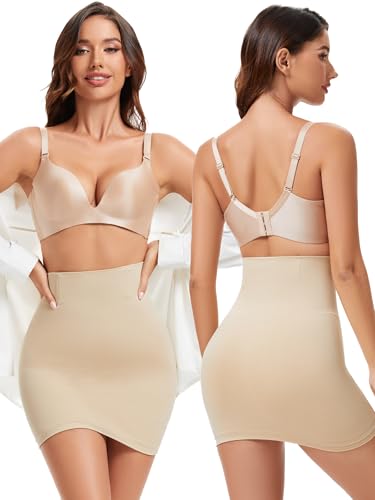 SLIMBELLE Damen Unterrock Shapewear mit Integrierter Hose Bauchweg Stark Formend Nahtlos Hohe Taille Shaping Miederkleid 2-in-1 Miederrock & Shorts Body Shape Unterwäsche (Beige, M)