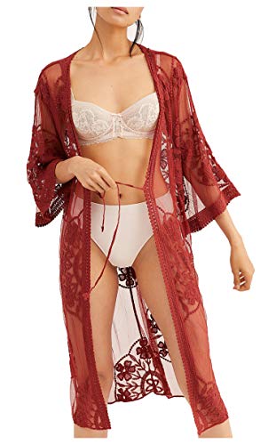 Wander Agio Womens Bikini Loose Cover Ups Beach Casual Dress Coverup Swimsuits Long Cardigan Lace Rust Red 53