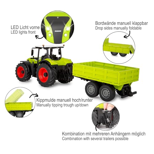 JAMARA 405360 Claas Arion 660 mit Kippanhänger 1:24 2,4GHz - Spielzeug Traktor ferngesteuert, Kinder Fahrzeuge Modell Landwirtschaft, Geschenk für Kinder, Licht, Anhängerkupplung