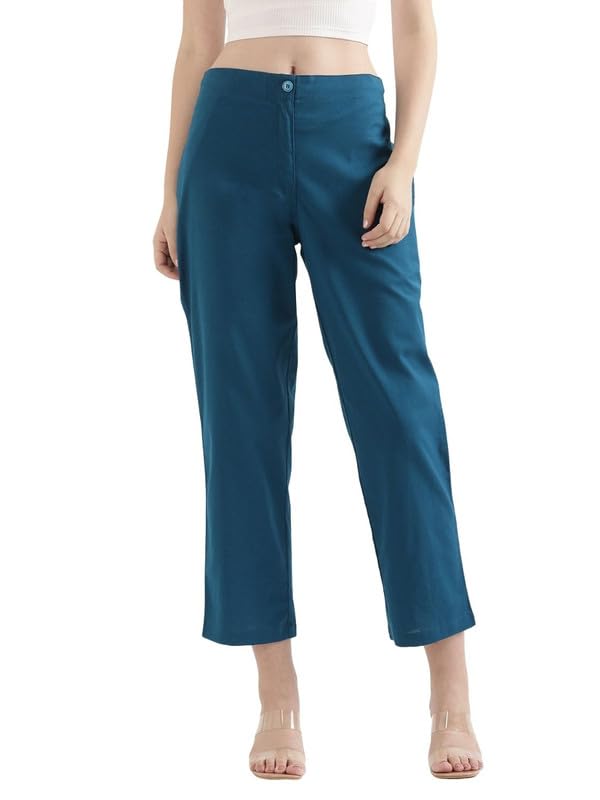 Image of SAADAA Women's Airy Linen Straight Pants | Regular Fit Trousers | Half Elasticated with Drawstrings & Buttons | 4 Pockets | Everyday & Office Wear