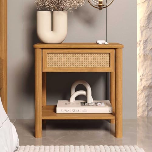 IDIMEX Mesa de Cabeceira Rattan 1 Gaveta 1 Nicho Madeira Freijó C...