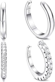 Adramata 2Pairs 925 Sterling Silver Ear Cuffs for Women Small Hoop Earrings Smooth Cubic Zirconia Paved Non-Piercing Cartilage Clip On Wrap Earring Adjustable