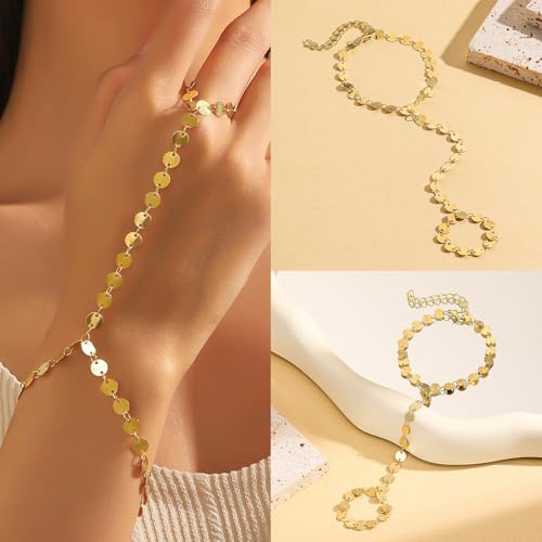 6 Pieces Gold Finger Ring Bracelet for Women Trendy 14k Gold Plated Womens Adjustable Cute Rings Hand Chain Link Bracelets Set for Women Jewelry Gifts Daily Accessories on Summer Beach 5