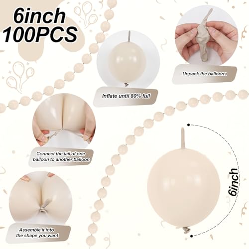 Image of White Sand Linking Balloons, 100PCS 6 Inch Small Ivory Quick Link Balloons for Making Balloon Wall Heart Arch, Tails Balloon for Wedding Birthday Baby Shower Engagement Graduation Party Decorations