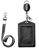 ID Card Case + Heavy Duty Lanyard (Black) + Badge Holder Retractable Reel Carabiner and Plastic Clip