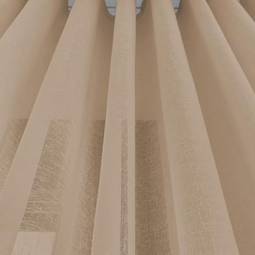 Image of LINENWALAS Aesthetic Sheer Curtains 5 Feet Long Set of 2, Poly Linen Shrink & Fade Proof Drapes for Window, Semi Transparent Modern Panels with Grommet Hanging for Living Room (Brown /5 Feet)
