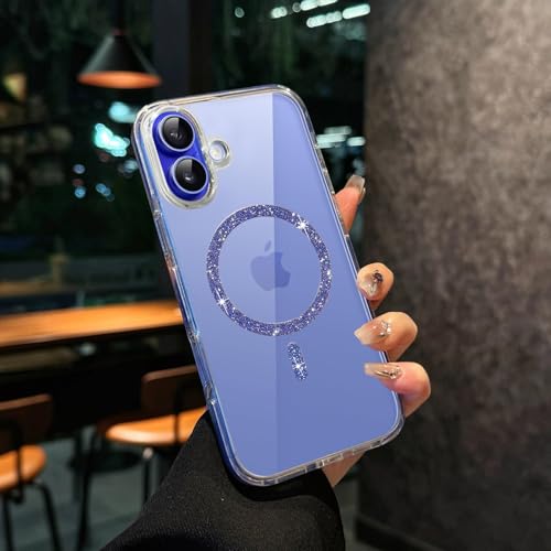 Image of VONZEE Compatible for iPhone 16 6.1'' Case Glitter Ring Cute Shiny Colorful Bling Case (Compatible with Magsafe) Transparent PC+TPU Glossy Shiny Cover for Girls Women,Blue