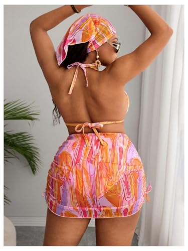 MakeMeChic Women's Plus Size Bikini Sets Graphic Print Triangle Halter Ruched Swimsuit2