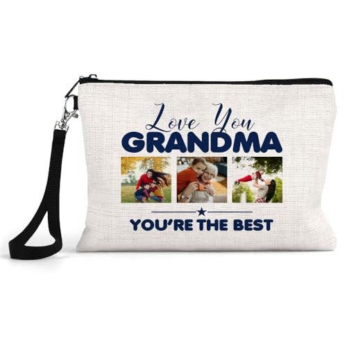 Personalised Photo, Love You Grandma You’RE The Best, Make Up Bag with Strap, Linen Cosmetics Bag, Beauty Bag.