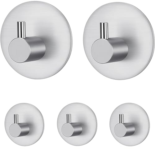 Image of JIALTO 5 Pcs Adhesive Hooks Heavy Duty Stick on Wall Hooks Towel Hooks Door Hooks Waterproof Stainless Steel Adhesive Towel Hooks Holders for Hanging Clothes Bathroom Adhesive Hook (Round Silver)