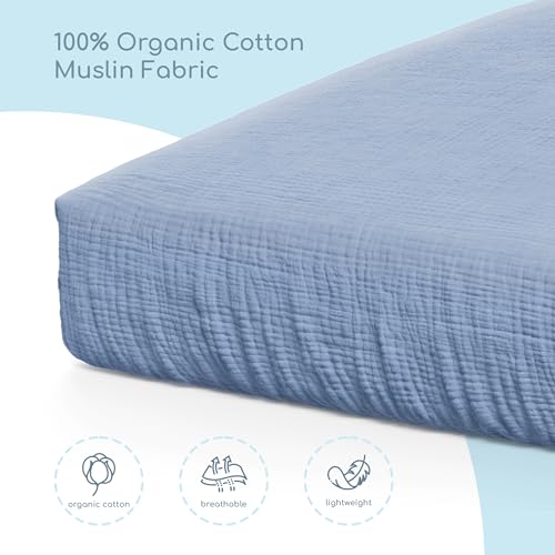 Image of Muslin Crib Sheets, 100% Organic Cotton, Breathable and Ultra-Soft, Standard Crib Sheet Mattress (28 inchx 52 inch) for Girls and Boys, Neutral Fitted Baby Crib Sheet (Blue)
