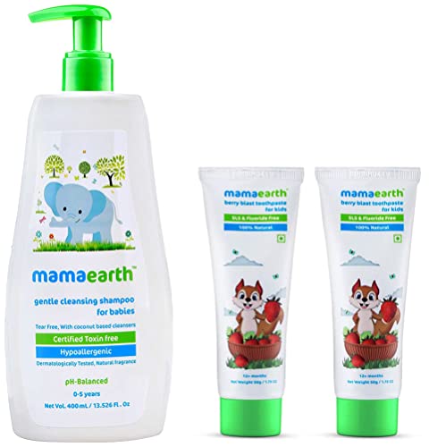 Image of Mamaearth Gentle Cleansing Natural Baby Shampoo, 400ml (White) & Berry Blast Plaque Removal Toothpaste Value Pack (50g X 2)