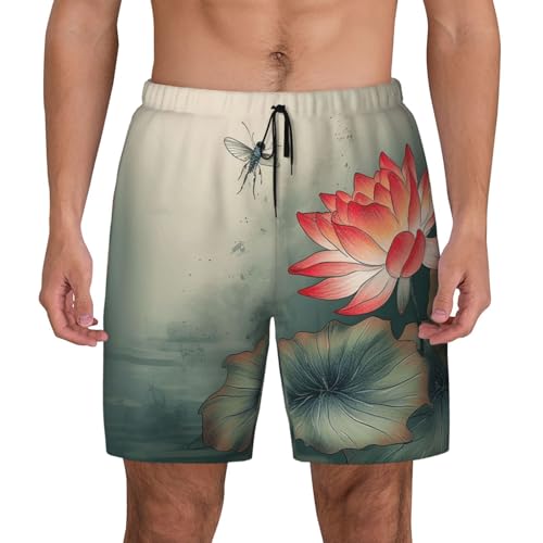 Men's Swim Trunks Quick Dry Board Shorts Flower and Dragonfly Beach Shorts with Pocket Bathing Suits for Men