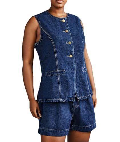 SOMTHRON Women's Denim 2 Piece Outfits Sleeveless Button Down Blazer Vest Tops High Waisted Jean Shorts Set3