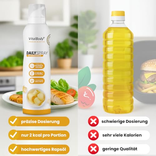 VitalBody+ DailySpray Rapsöl mit Buttergeschmack – 2 kcal Ölspray für Airfryer, Braten & Grillen – Kalorienarm Kochen – Non-stick Cooking Spray, 800 Portionen