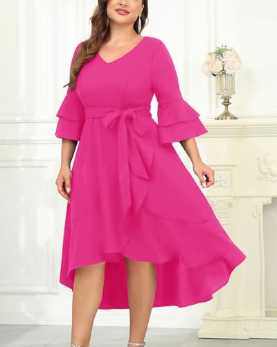 Image of Plus Size Wedding Guest Dress - Double Bell Sleeve High Low Split Dresses | Semi formal cocktail dress, V-neck double bell sleeves with belted high-low split ruffle hem.