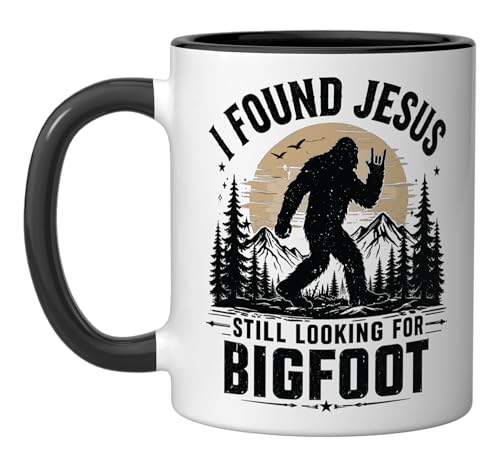I Found Jesus Still Looking for Bigfoot Funny Sasquatch Ceramic Mug, Black/White