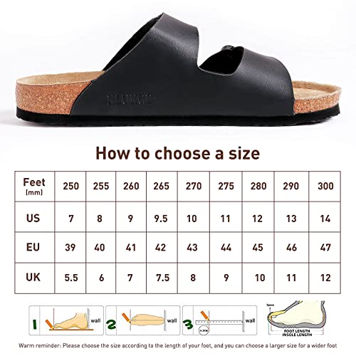 Klukge Mens Cork Sandals,Adjustable Buckle Leather Non-Slip Slippers Women's Flat Slide Cork Footbed Sandals Unisex Shoes, Arch Support(Black Us 7) #TOP2