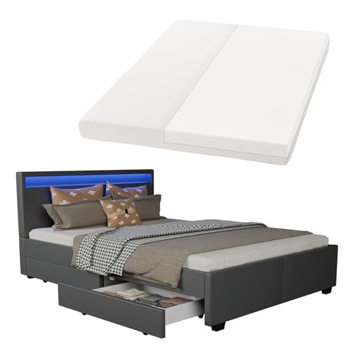 Juskys Polsterbett Lyon 140x200 cm mit Matratze, Bettkasten, LED...