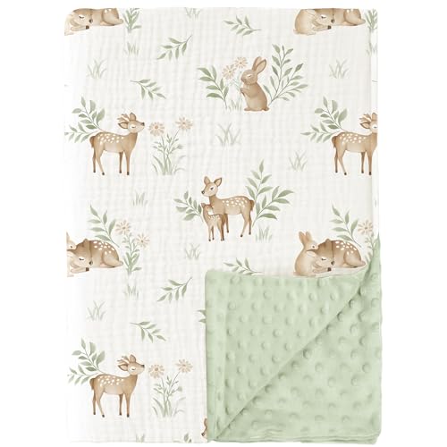 Konssy Baby Blankets for Unisex Boys Girls, Super Soft Nursery Minky Blankets with Muslin Cotton Front and Dotted Fleece Backing, Printed Bed Throws...