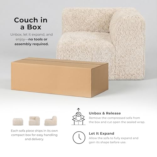Furniture of America Havyn Modern Faux Fur 1-Seater Square Modular Foam Ottoman, Compressed Couch in a Box, No Assembly Required, for Living Room and Office, Sand by Furniture of America - Image 3