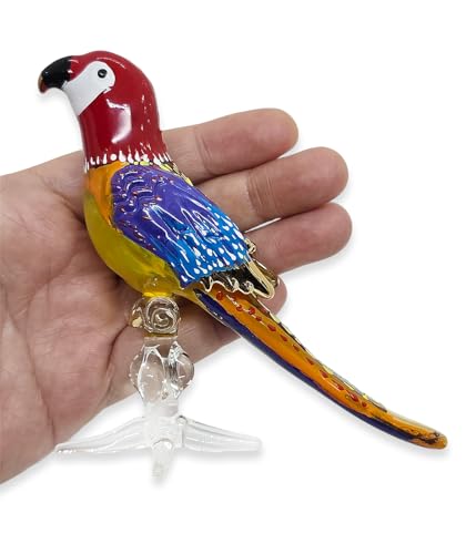 Mr_air_thai_Glass_Blown Tiny 4" Red Yellow Blue Parrot Pionus Bird Figurine - Miniature Hand Blown Painted Glass Birds Colorful Multicolor Crystal Animals Decorative Collectible Figurines Décor Gifts