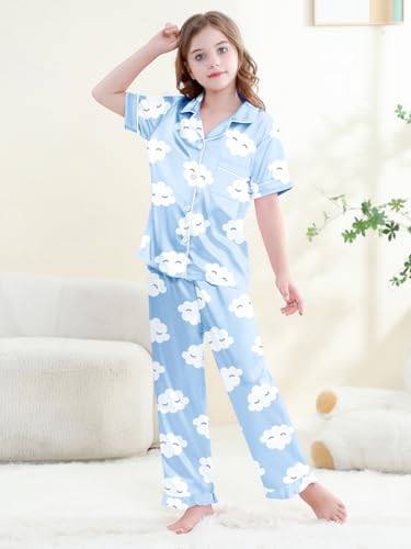 QZH.DUAO Girls Satin Pajamas Set Button Down Silk 2 Piece Pj Sets Ruffle Pants Sleepwear, Blue Eyelashes, 7-8 Years4