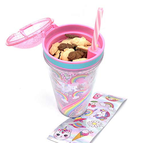 Snack and Drink Cup, Rainbow Theme, Kid's Combo All-in-One Tumbler for On-The-Go, Bonus Sheet of Fun Unicorn and Caticorn Stickers, Straw Included, Pink