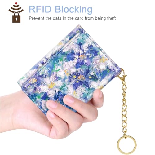 Image of Trifold Womens Wallet Small Slim RFID Blocking Card Wallet Cute Credit Card Holder Leather Mini Purse with Cash Pocket 7 Card Slots ID Window, Blue Flowers