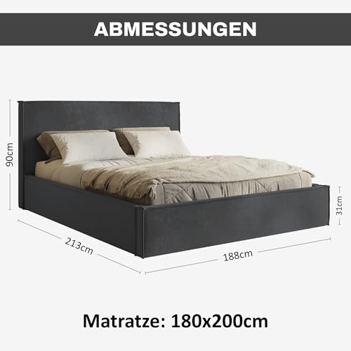 MOTIVENA Boho Bett 180x200 Grau Samt, mit Stauraum, mit Kopfteil, mit Lattenrost, ohne Füße, ohne Matratze, Polsterbett 180x200 mit Bettkasten Grau (Anthrazit) – Bild 3