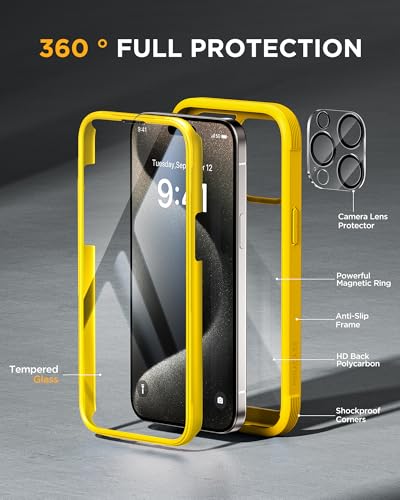 Image of Miracase Magnetic for iPhone 15 Pro Max Case 6.7'' [Compatible with Magsafe] Full-Body Drop Proof Phone Case for iPhone 15 Pro Max with Built-in 9H Tempered Glass Screen Protector,Magnetic Yellow